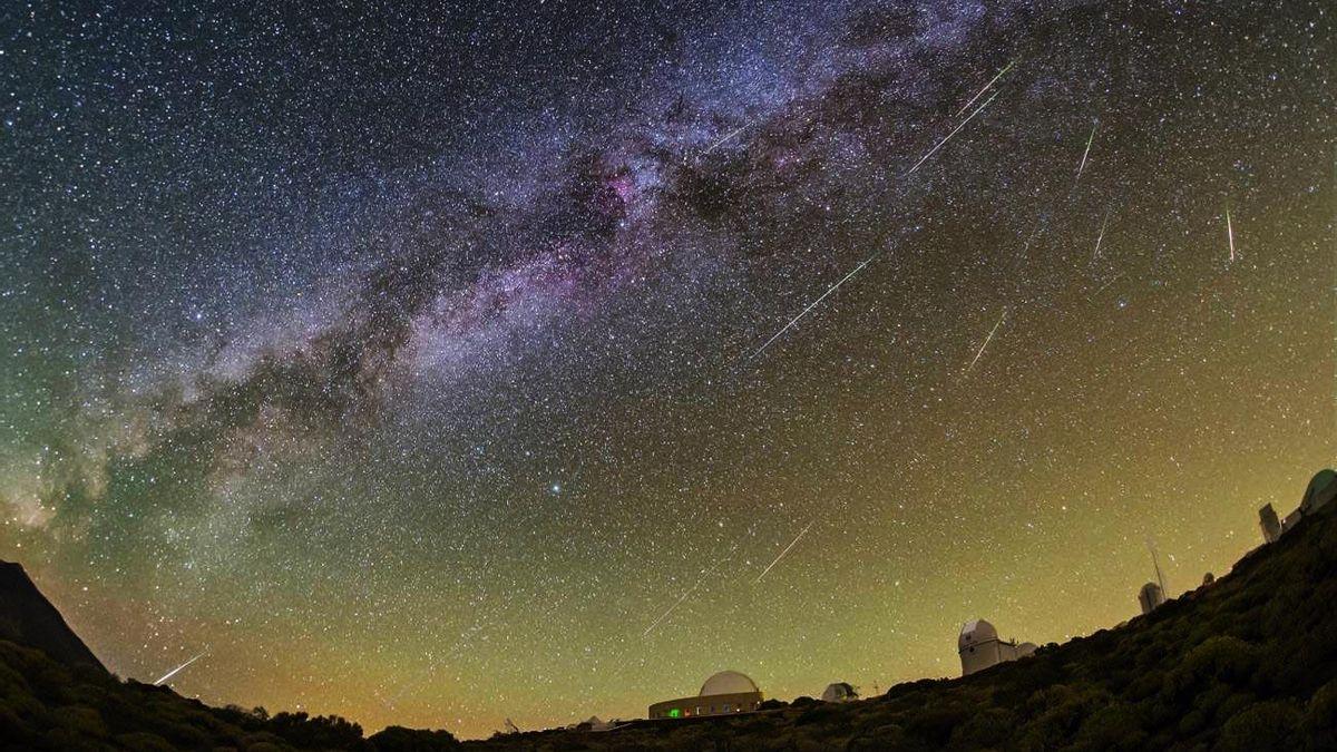 Perseid meteor shower above Teide Observatory in Tenerife