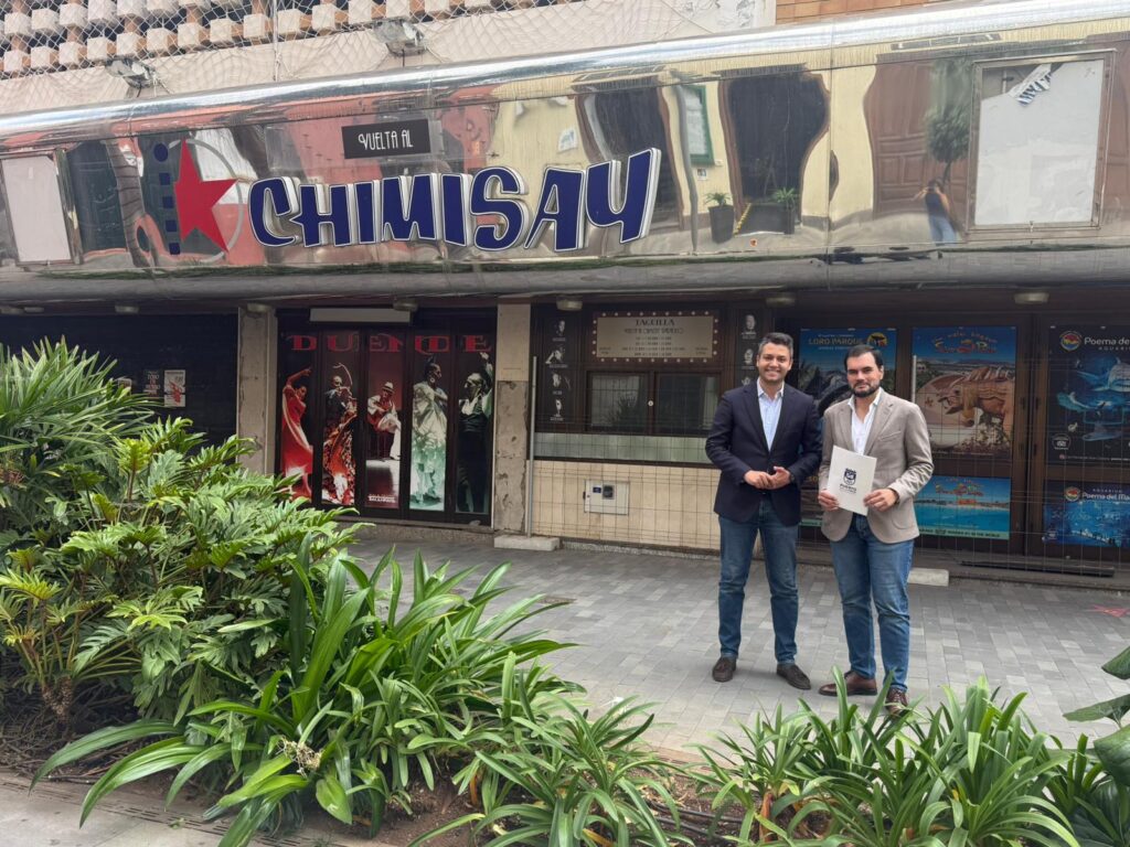 Former Cine Chimisay sign and frontage on Calle San Juan in Puerto de la Cruz
