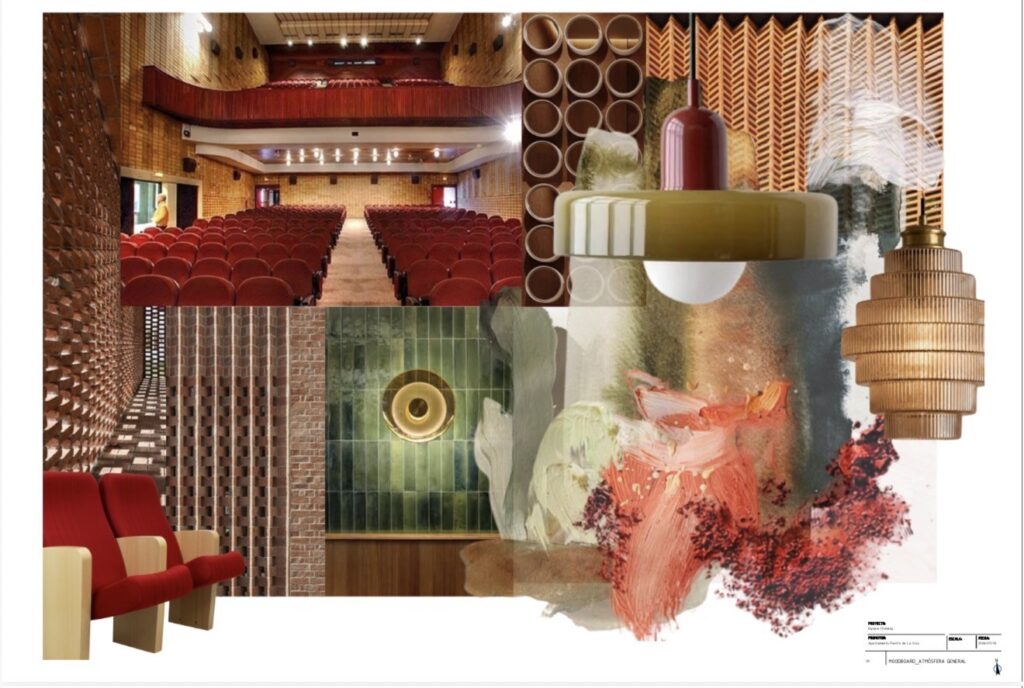 Design concept board published for the proposed Espacio Chimisay, showing theatre seating, materials and lighting ideas