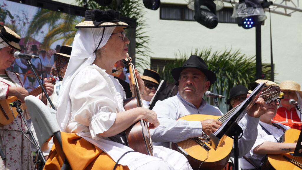 Folklore performance during the May 2026 fiestas Canarian folk musicians in traditional dress performing on stage during the 2026 May Fiestas
