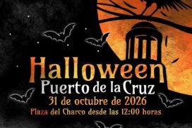 Official Halloween Puerto de la Cruz 2026 poster showing 31 October and Plaza del Charco from noon