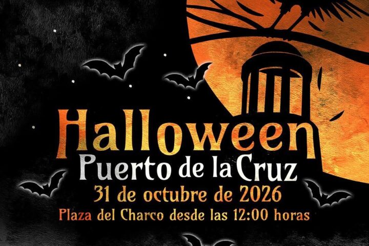 Official Halloween Puerto de la Cruz 2026 poster showing 31 October and Plaza del Charco from noon