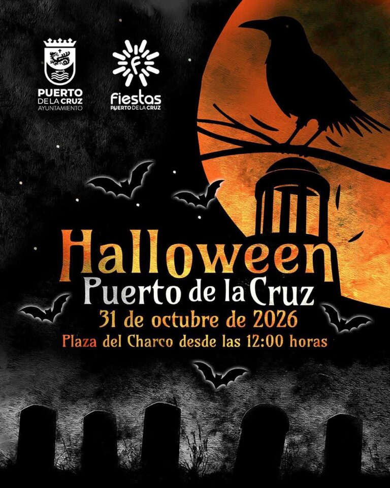 Official Halloween Puerto de la Cruz 2026 poster showing 31 October and Plaza del Charco from noon