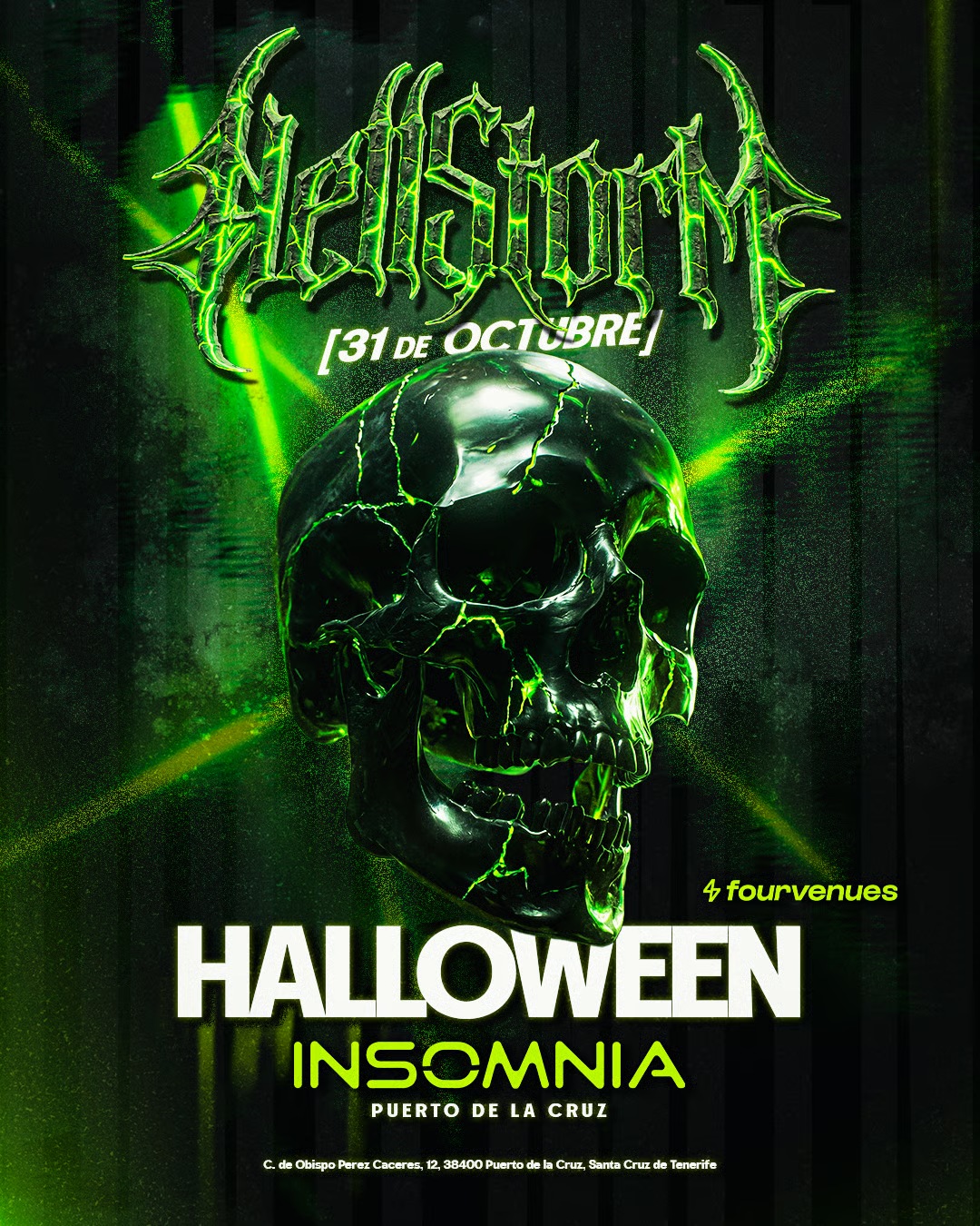 Official Hellstorm Halloween artwork showing a green skull, 31 October and INSOMNIA Puerto de la Cruz