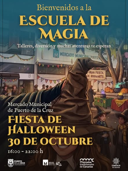 Official Escuela de Magia Halloween poster for Mercado Municipal Puerto de la Cruz, 30 October, 16:00–22:00