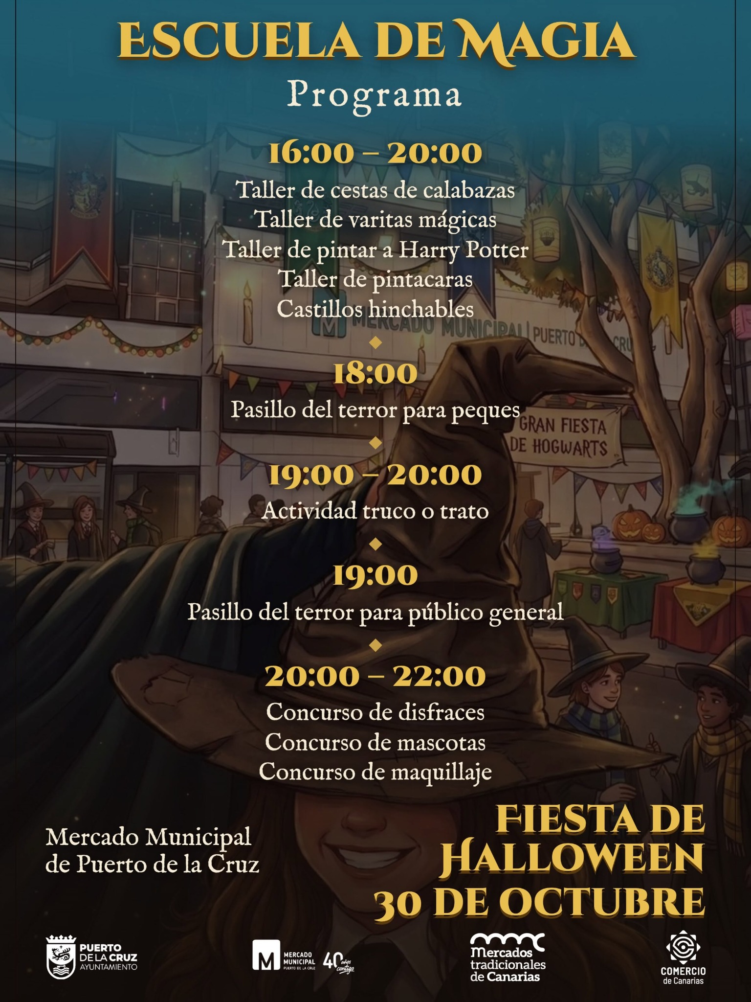 Official Escuela de Magia programme showing workshops 16:00–20:00, spooky passages, trick or treat and contests until 22:00 Official Escuela de Magia programme showing workshops 16:00–20:00, spooky passages, trick or treat and contests until 22:00