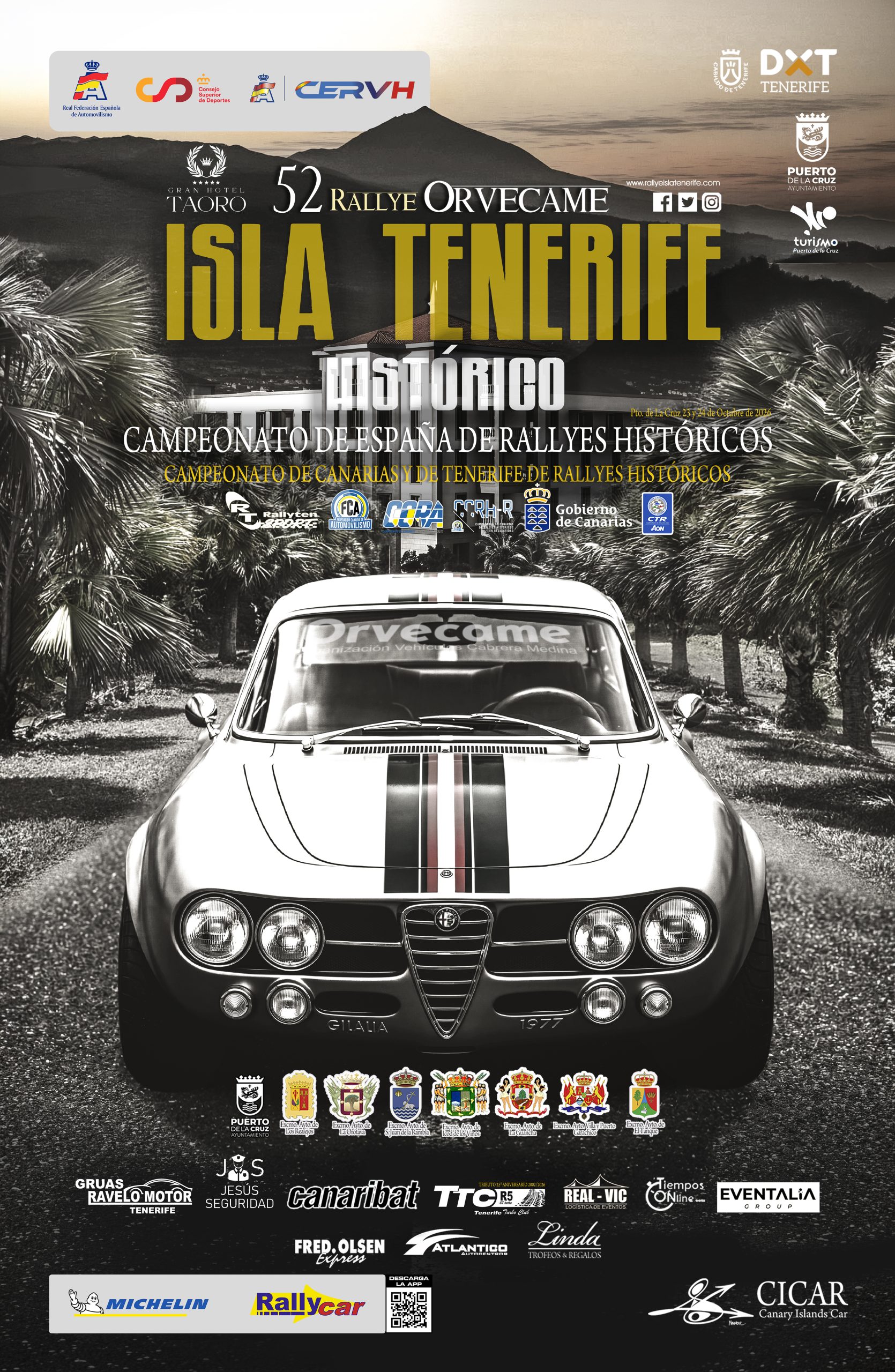 Official 52nd Rallye Orvecame Isla Tenerife Histórico poster for 23–24 October 2026 Official 2026 Isla Tenerife Histórico rally poster showing 23 and 24 October in Puerto de la Cruz