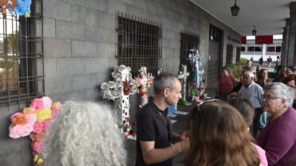 School and community crosses at the Ayuntamiento in May 2026 Colourful crosses made by schools and community groups displayed outside Puerto de la Cruz town hall in May 2026