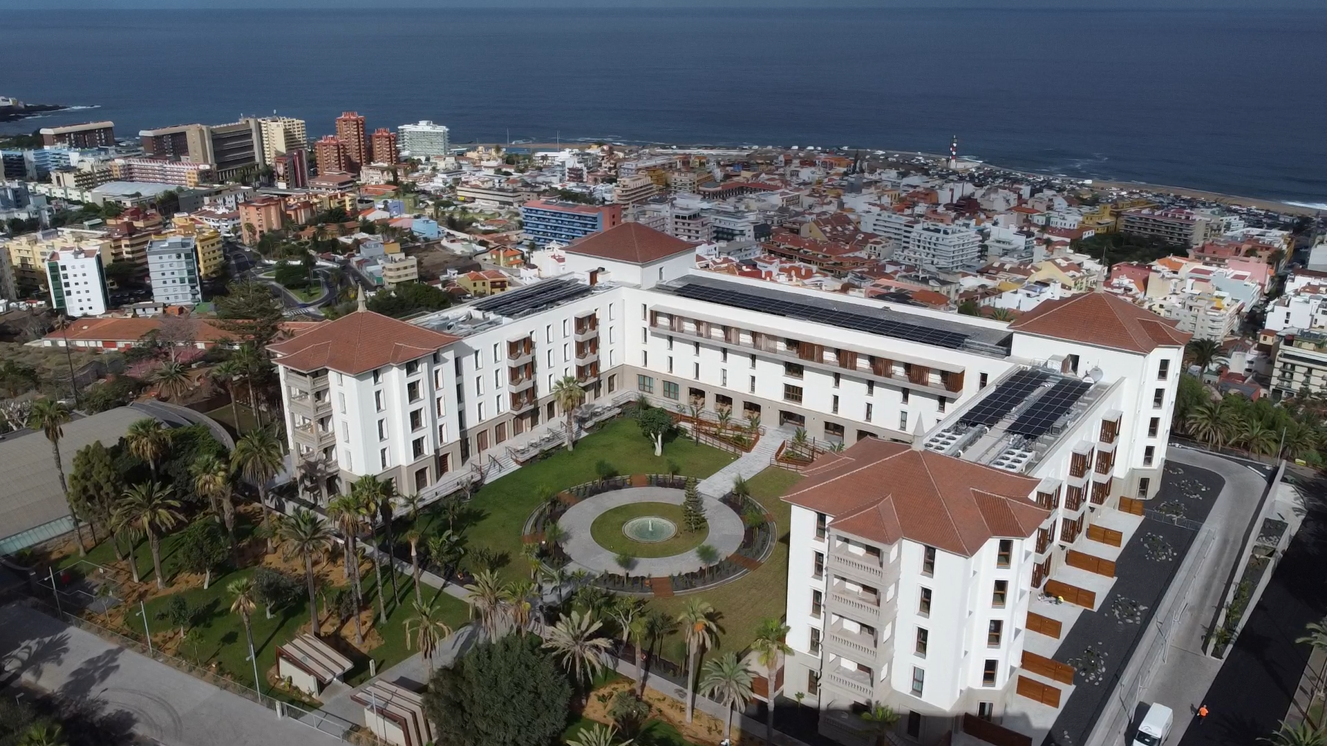 Gran Hotel Taoro above Puerto de la Cruz, with the town and Atlantic Ocean beyond