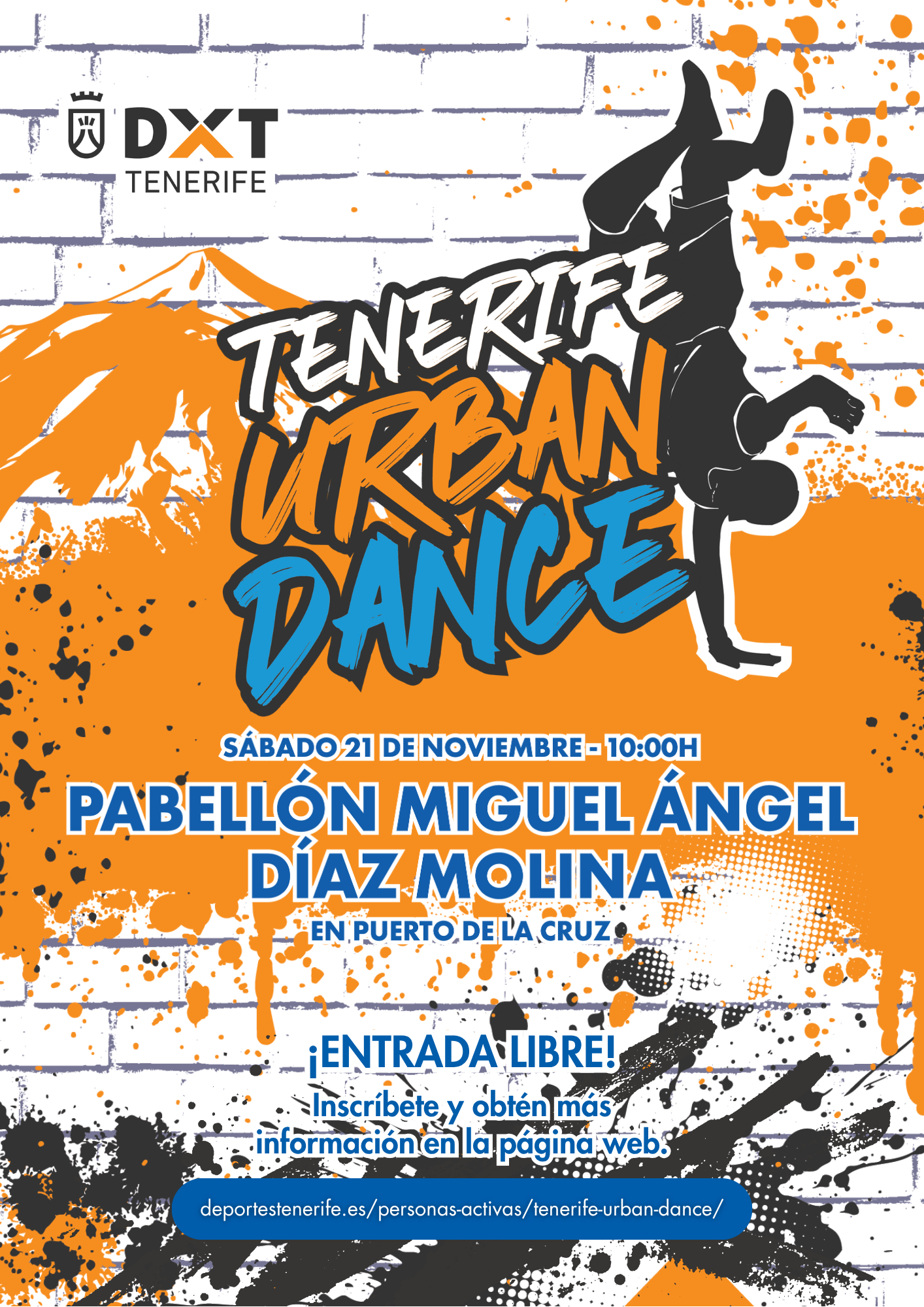 Official 2026 poster confirms free entry for spectators. Image: Deportes Tenerife. Official Tenerife Urban Dance poster: 21 November 2026, 10:00, Pabellón Miguel Ángel Díaz Molina, free entry