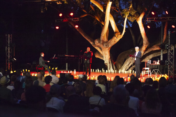 Audience watching open-air theatre under a large tree at Veranos del Taoro